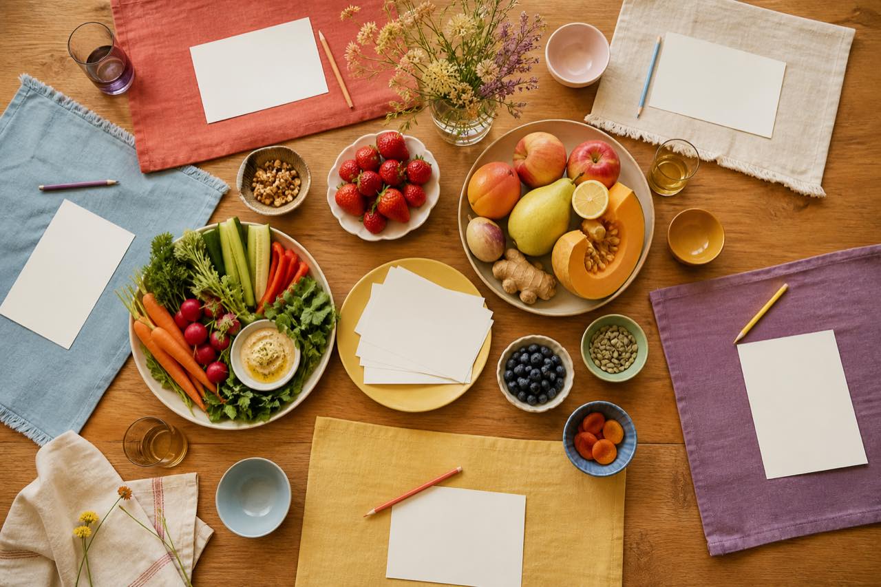 Table colorée préparée pour un atelier autour de l’alimentation